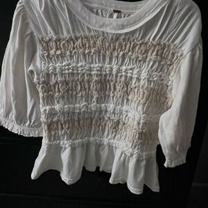 Free People White Smocked Peplum Blouse with Cream Accents